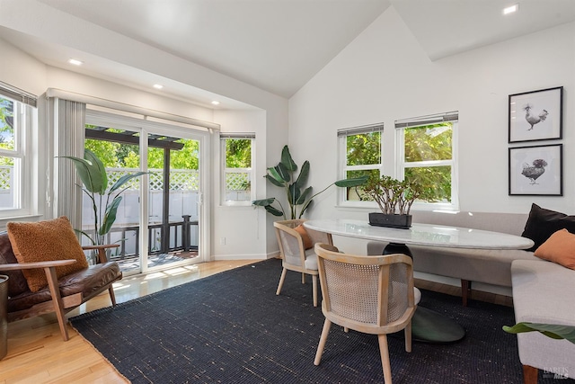 1 Courtney Ln, Mill Valley, CA 94941 - living area with light wood-style flooring, recessed lighting, high vaulted ceiling, and baseboards