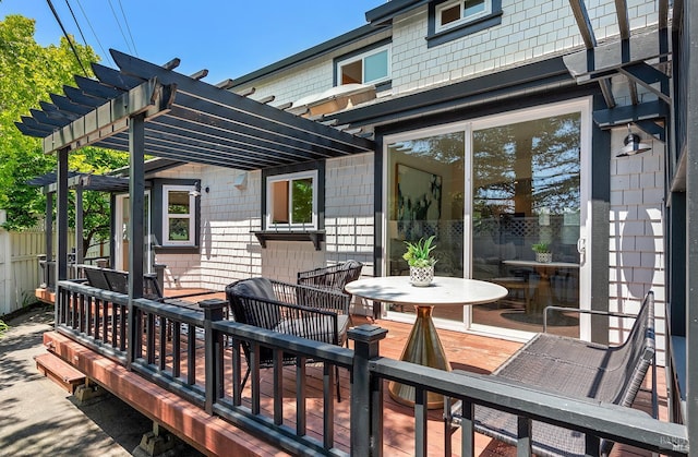 1 Courtney Ln, Mill Valley, CA 94941 - wooden deck featuring a pergola and outdoor dining area