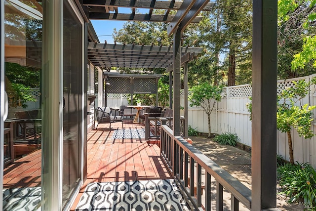 1 Courtney Ln, Mill Valley, CA 94941 - deck with a pergola, a fenced backyard, and outdoor dining space