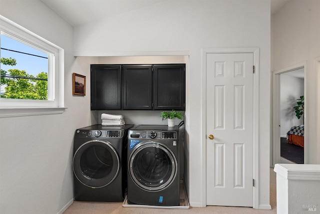 1 Courtney Ln, Mill Valley, CA 94941 - laundry area with cabinet space, washing machine and dryer, baseboards, and light colored carpet