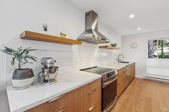 78 Marinero Cir, Tiburon, CA 94920 - kitchen with open shelves, island range hood, appliances with stainless steel finishes, modern cabinets, and baseboard heating