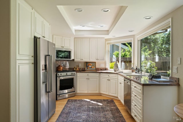 1263 Simmons Ln, Novato, CA 94945 - kitchen with stainless steel appliances, dark countertops, a sink, a raised ceiling, and light wood-type flooring