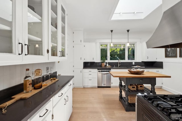 25 Winship Ave, Ross, CA 94957 - kitchen featuring dishwasher, wall chimney exhaust hood, a sink, white cabinets, and light wood-style floors