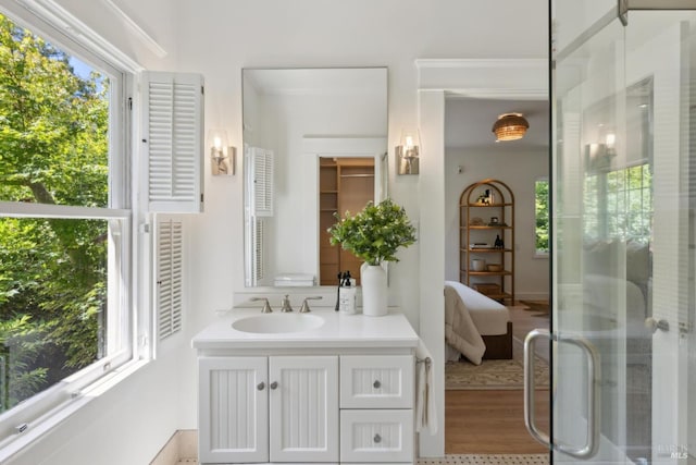 25 Winship Ave, Ross, CA 94957 - ensuite bathroom with vanity, plenty of natural light, wood finished floors, and an enclosed shower