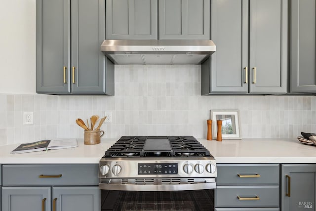 806 Paxton Villa Ct, Novato, CA 94947 - kitchen with stainless steel gas stove, under cabinet range hood, gray cabinetry, and light countertops