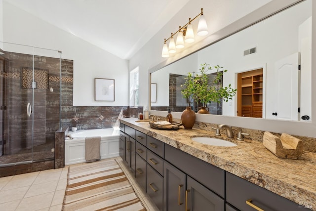 806 Paxton Villa Ct, Novato, CA 94947 - bathroom featuring vaulted ceiling, double vanity, a bath, a stall shower, and tile patterned floors