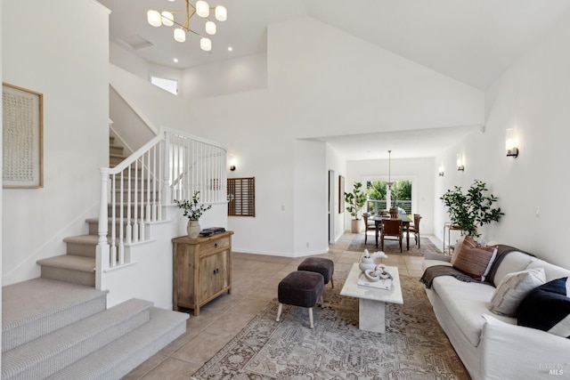 806 Paxton Villa Ct, Novato, CA 94947 - living area featuring high vaulted ceiling, stairway, a chandelier, and light tile patterned flooring