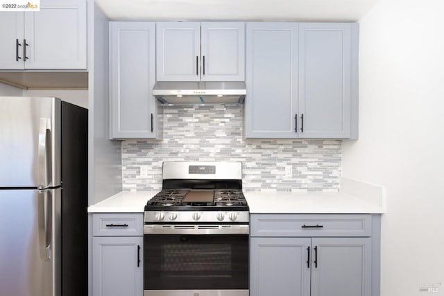 5817 Seminary Ct, Oakland, CA 94605 - kitchen featuring appliances with stainless steel finishes, under cabinet range hood, light countertops, decorative backsplash, and gray cabinets
