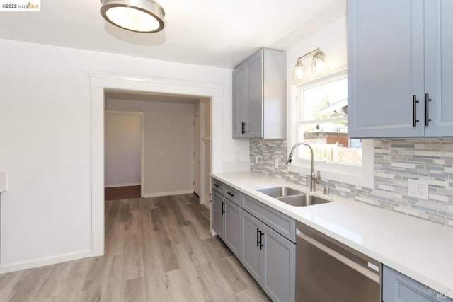 5817 Seminary Ct, Oakland, CA 94605 - kitchen featuring stainless steel dishwasher, a sink, decorative backsplash, light countertops, and light wood-style floors