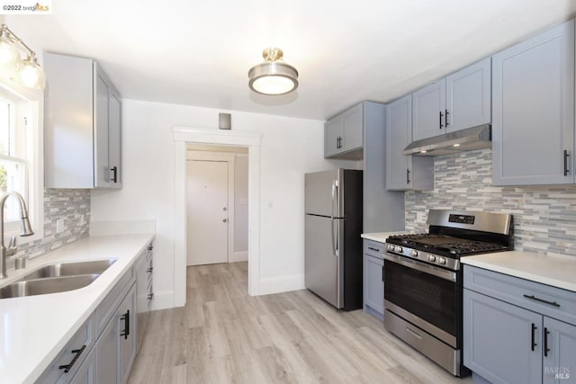 5817 Seminary Ct, Oakland, CA 94605 - kitchen featuring appliances with stainless steel finishes, under cabinet range hood, a sink, tasteful backsplash, and light wood-type flooring