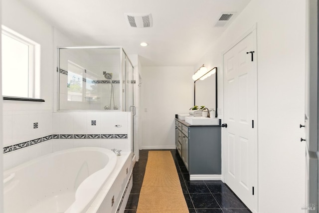 809 Paula Ln, Petaluma, CA 94952 - full bathroom featuring vanity, a shower stall, a bath, recessed lighting, and tile patterned floors