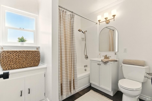 809 Paula Ln, Petaluma, CA 94952 - bathroom featuring vanity, shower / bathtub combination with curtain, and toilet