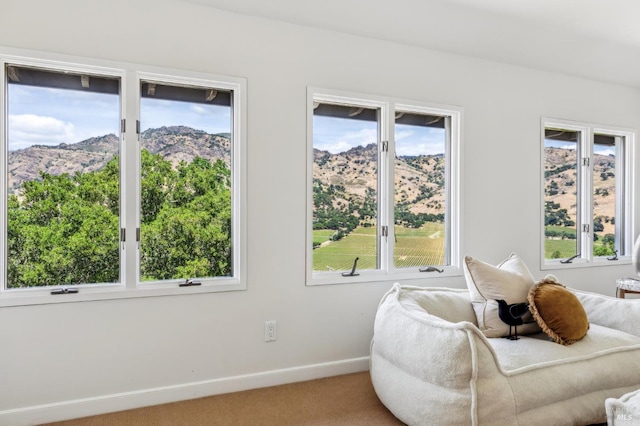 5768 Silverado Trl, Napa, CA 94558 - living area with carpet flooring, baseboards, and a mountain view