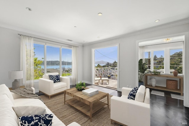 616 Locust St, Sausalito, CA 94965 - living room with crown molding, a water view, wood finished floors, and recessed lighting