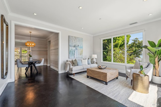 616 Locust St, Sausalito, CA 94965 - living area featuring a chandelier, baseboards, recessed lighting, and crown molding