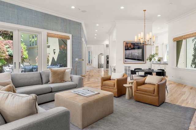 30 Sandy Ln, Mill Valley, CA 94941 - living room featuring ornamental molding, a chandelier, light wood-style flooring, and recessed lighting