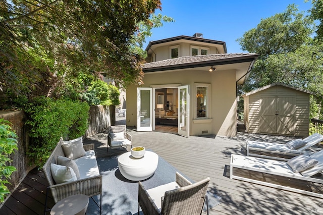 30 Sandy Ln, Mill Valley, CA 94941 - rear view of property featuring a wooden deck, stucco siding, a tiled roof, and an outdoor living space