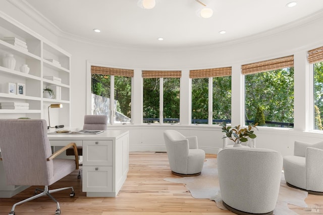 30 Sandy Ln, Mill Valley, CA 94941 - home office with light wood-style floors, ornamental molding, built in shelves, and recessed lighting
