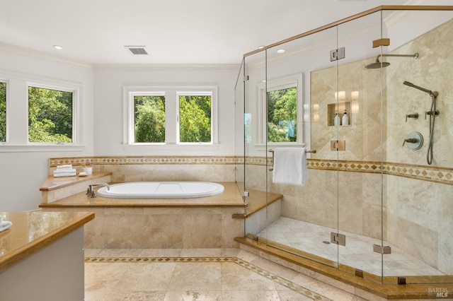 30 Sandy Ln, Mill Valley, CA 94941 - full bathroom featuring a bath, plenty of natural light, inlaid floor details, a shower stall, and crown molding