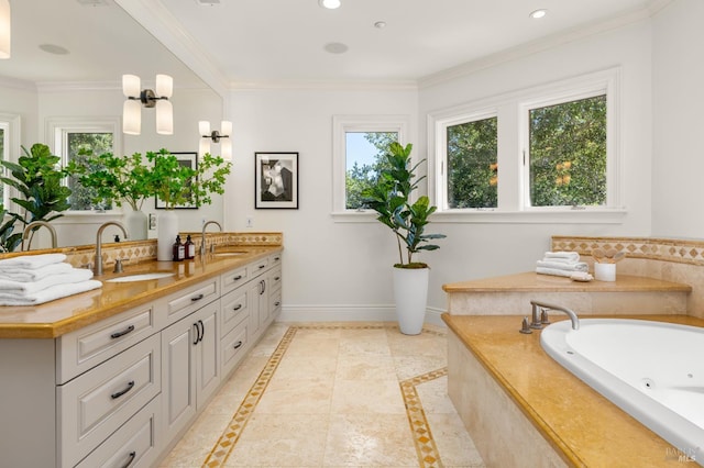 30 Sandy Ln, Mill Valley, CA 94941 - full bath featuring double vanity, plenty of natural light, baseboards, a whirlpool tub, and ornamental molding