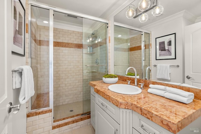 30 Sandy Ln, Mill Valley, CA 94941 - bathroom with vanity, a stall shower, ornamental molding, a chandelier, and tile patterned flooring