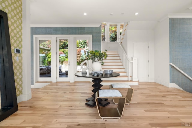 30 Sandy Ln, Mill Valley, CA 94941 - entryway with crown molding, wallpapered walls, baseboards, light wood-style flooring, and stairway