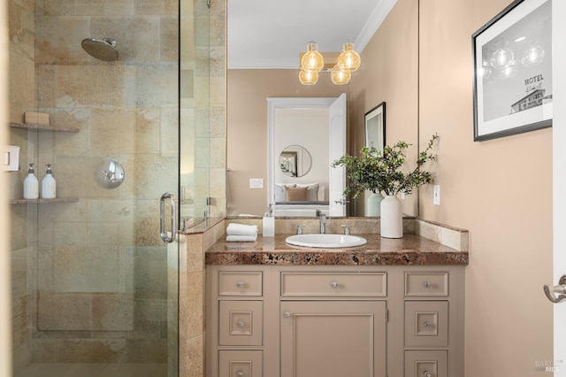 30 Sandy Ln, Mill Valley, CA 94941 - ensuite bathroom featuring vanity, a shower stall, and ornamental molding