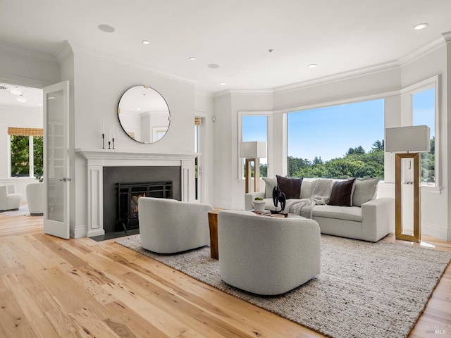 30 Sandy Ln, Mill Valley, CA 94941 - living area with ornamental molding, wood finished floors, a fireplace with flush hearth, recessed lighting, and baseboards