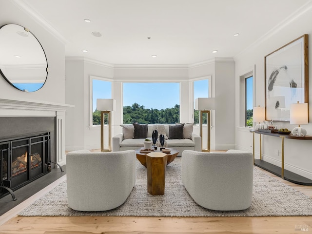 30 Sandy Ln, Mill Valley, CA 94941 - living area with plenty of natural light, wood finished floors, crown molding, a fireplace with flush hearth, and baseboards