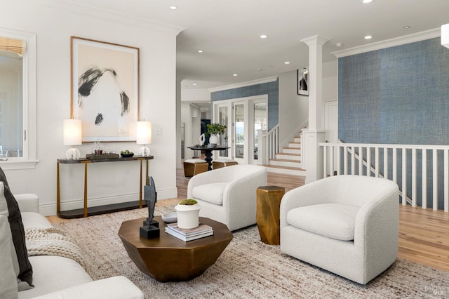 30 Sandy Ln, Mill Valley, CA 94941 - living area with crown molding, wood finished floors, and recessed lighting
