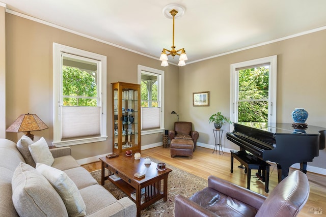 406 Franklin St, Napa, CA 94559 - living room featuring wood finished floors, ornamental molding, baseboards, and a chandelier