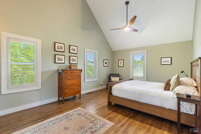 406 Franklin St, Napa, CA 94559 - bedroom with multiple windows, high vaulted ceiling, baseboards, wood finished floors, and ceiling fan