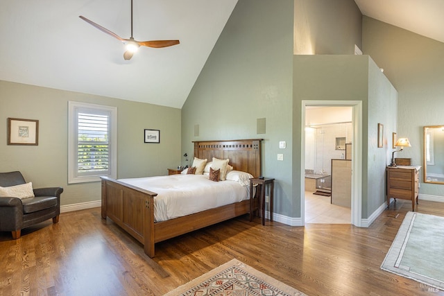 406 Franklin St, Napa, CA 94559 - bedroom with high vaulted ceiling, baseboards, wood finished floors, and ensuite bath