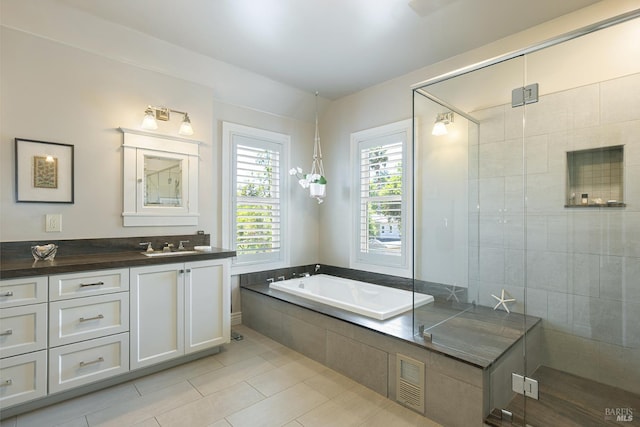 406 Franklin St, Napa, CA 94559 - full bath with vanity, a garden tub, tile patterned floors, and a tile shower