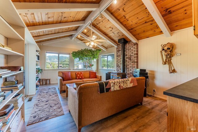 1961 Foothill Dr, Redwood Valley, CA 95470 - living area featuring a wood stove, hardwood / wood-style floors, wood ceiling, and a ceiling fan