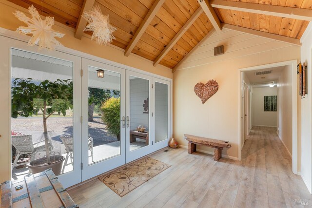 1961 Foothill Dr, Redwood Valley, CA 95470 - entryway with french doors, wooden ceiling, and wood finished floors