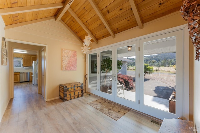 1961 Foothill Dr, Redwood Valley, CA 95470 - doorway featuring wood ceiling, french doors, and light wood finished floors
