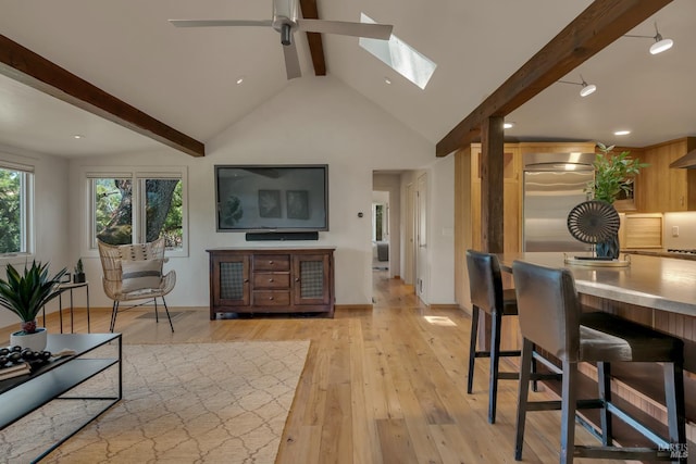 260 Geysers Rd, Cloverdale, CA 95425 - living room featuring a skylight, light wood-style floors, ceiling fan, and recessed lighting