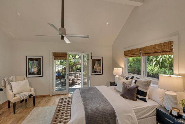 260 Geysers Rd, Cloverdale, CA 95425 - bedroom featuring access to exterior, multiple windows, light wood finished floors, high vaulted ceiling, and ceiling fan