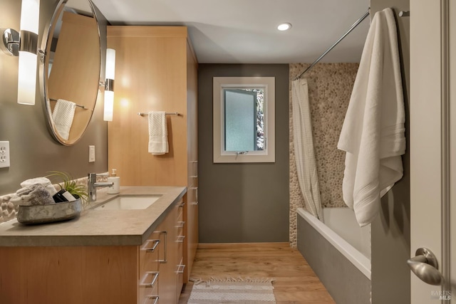 260 Geysers Rd, Cloverdale, CA 95425 - bathroom with vanity, wood finished floors, shower / tub combo with curtain, and recessed lighting