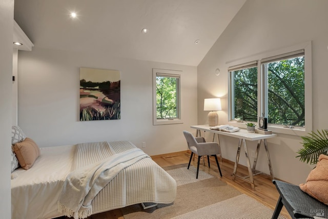 260 Geysers Rd, Cloverdale, CA 95425 - bedroom with wood finished floors, recessed lighting, an office area, baseboards, and high vaulted ceiling