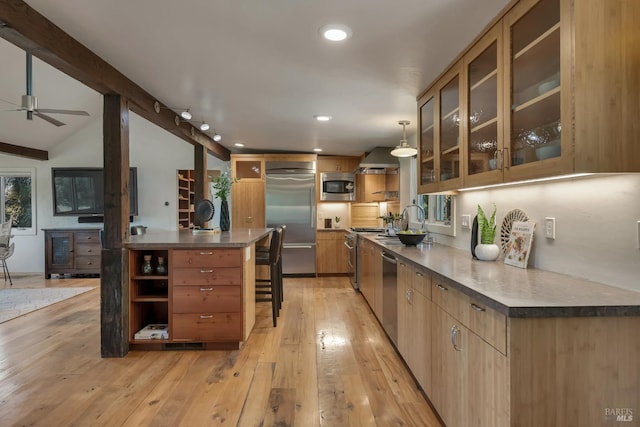 260 Geysers Rd, Cloverdale, CA 95425 - kitchen featuring built in appliances, ceiling fan, light wood-style flooring, open shelves, and recessed lighting