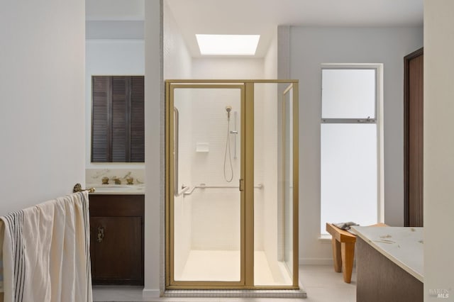 1 Rosebank Ln, Kentfield, CA 94904 - full bathroom featuring vanity, a shower stall, a closet, and a skylight