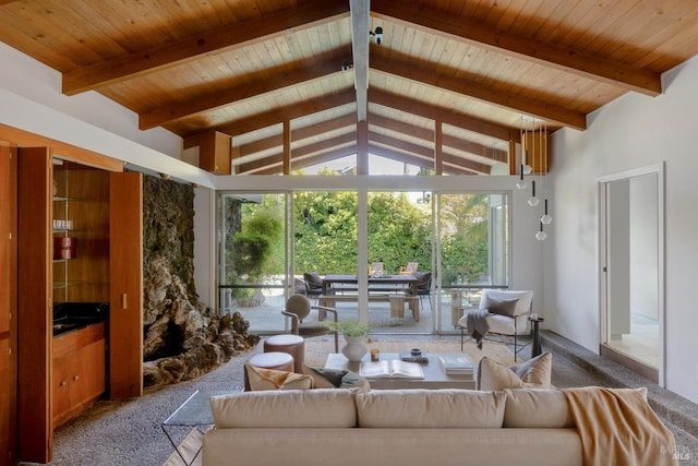 1 Rosebank Ln, Kentfield, CA 94904 - living room featuring carpet floors, healthy amount of natural light, wooden ceiling with exposed beams, and high vaulted ceiling