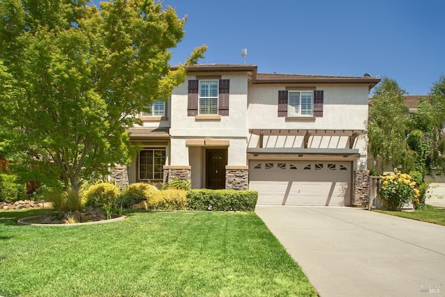 712 Tahoe Ct, Fairfield, CA 94534 - view of front of property featuring concrete driveway, stucco siding, a front yard, and stone siding