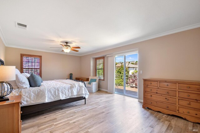 712 Tahoe Ct, Fairfield, CA 94534 - bedroom with access to outside, light wood finished floors, ornamental molding, baseboards, and a ceiling fan