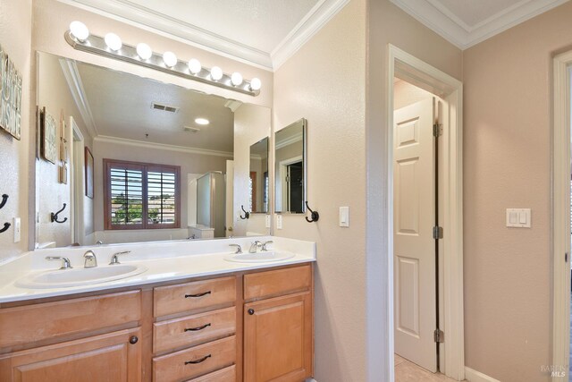 712 Tahoe Ct, Fairfield, CA 94534 - full bathroom featuring double vanity, crown molding, an enclosed shower, and tile patterned floors