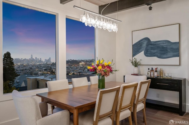 56 Aztec St, San Francisco, CA 94110 - dining space with wood finished floors, a chandelier, a city view, and rail lighting