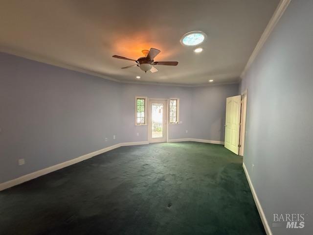 350 N Barnes St, Ukiah, CA 95482 - unfurnished room with ornamental molding, baseboards, dark carpet, recessed lighting, and a ceiling fan