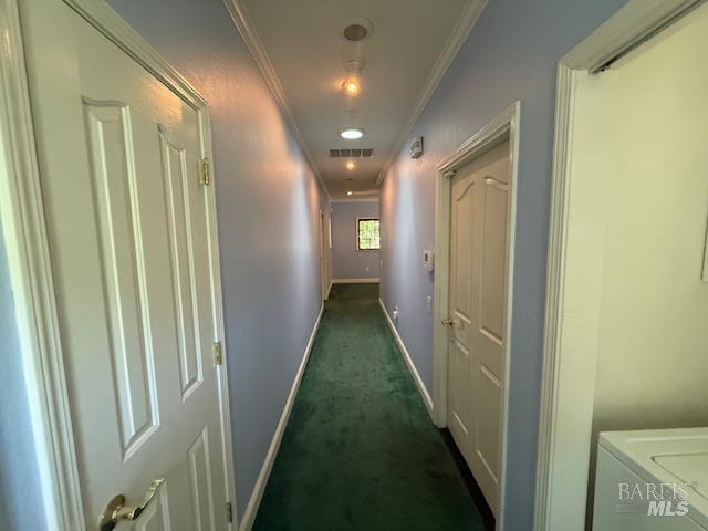 350 N Barnes St, Ukiah, CA 95482 - hall with baseboards, dark colored carpet, and ornamental molding